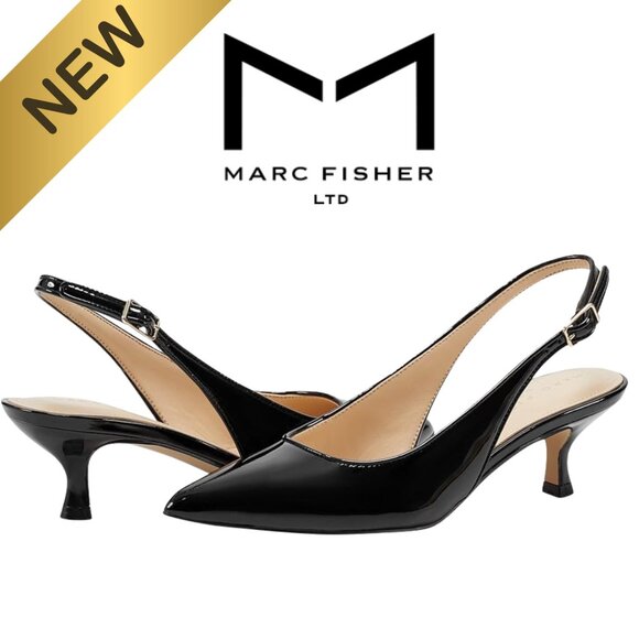 New In Box Marc Fisher Slingback Black Patent Leather Kitten Heels in Black 8 - Picture 1 of 7